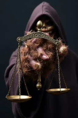 A scary hairy one hand of a hooded creature holding the Scale Of Justice ,