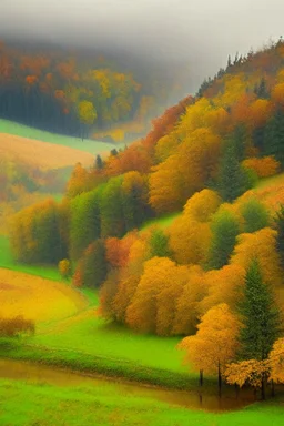 Autumn Czech valley in the rain.