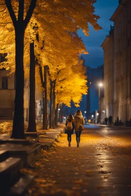 night yellow lights over the street trees autumn leaves under feet ,a Student adult girl with books in her hand walking in street looking to camera a boy walks after she few meters away her back