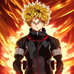 Detailed anime portrait of bakugo from my hero academia, gold hair and golden eyes, black suit, intricate details, full body portrait, keep head in frame, slight smile, black Japanese motif, concept art, highly detailed, digital painting, concept art, sharp focus, illustration, art by Yoji Shinkawa, WLOP and greg rutkowski and alphonse mucha and artgerm and yanjun Chen and Junji ito and Makoto Shinkai, HDR, octane render