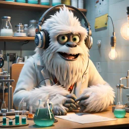 Pixar: A Yeti epidemiologist sits in a well-lit lab, headphones on, deeply engrossed in a podcast. On the desk beside him are various lab equipment and a freshly made panini, steam rising from it. His expression is one of contentment and curiosity, combining his love for science and food.