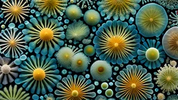 A detailed photomicrograph of a variety of diatoms, the microscopic algae with beautifully intricate silica shells. The image highlights their diverse shapes, colours and patterns, ranging from circular and star-shaped to elongated and complex. Beautiful award-winning photograph, inspiring, rule of thirds, balanced delightful composition, perfect lighting, superb detail, 16k render