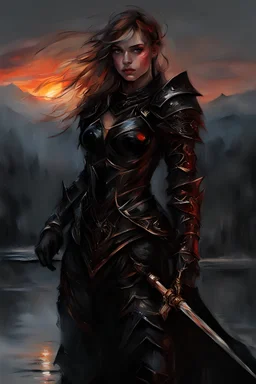 A formidable warrior girl in black armor, on the background Amazing gloomy landscape, flooded with sunset, mountains, trees, fabulous scary hero, , juicy emotions, painting, dark fantasy, gloomy day, dark world, portrait, by Anna Razumovskaya