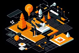 innovation - solarpunk theme illustration - isometric, orange elements, black, non productive employee, hour glass, downward trending chart, time, busy