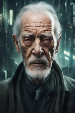 I'd like a wise old man's face deteriorating into a dystopian matrix