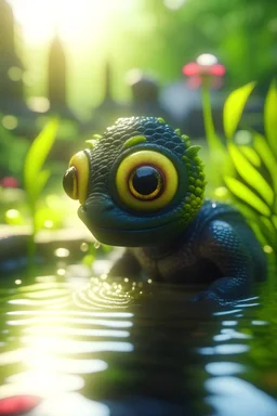 evil snake head, adorable cute chat priest robot with short punk hair and real human reflective eyes, fluffy floating in pond in garden of st. Barbara cathedral, its such a perfect day, motion blur, smoke, 8k, downlight, soft light, depth of field, photorealism, trending on art station, lotsa detail