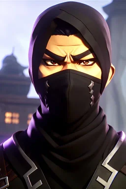 muscular ninja assassin, athletic build, wearing black and red baggy pants with pockets, black hood and black balaclava mask, big boots, buckles, straps, daggers, dark hazel eyes, eyes are both in proportion and green, 3/4 look, short brown hair, standing, dark cobblestone alley, one vertical white light behind head, non photorealistic rendering in the art style of j.scott campbell