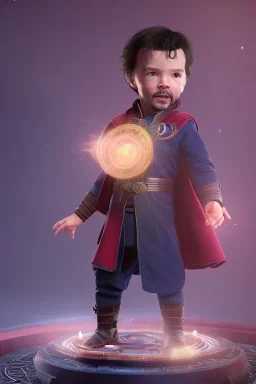 Doctor strange toddler, serious, portal, full body, jump, bokeh, hyper realistic