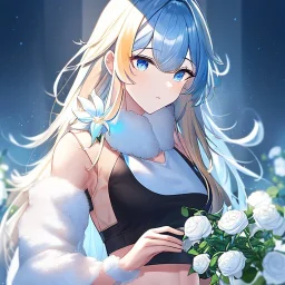 Clear focus,8k,Beatiful Lighting,Beatiful Blur,Beatiful Shading,Orange long hair,fluffy hair, long fluffy bangs, Blue eyes, wearing a crop top with a flowers near the end that are white and the main color is black, sleeveless crop top, wearing light blue cut sleeves with white flowers near the end, wearing a light yellow skirt with black long stocking on, underboob, wearing a black fingerless gloves