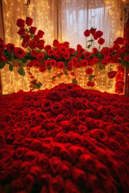 a room decorated with only red roses and lights