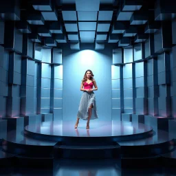 make a picture pretty stage made of metallic blue-gray teme 3d recursive cubic and sphere and cylinder base structures and a beautiful fashion model lady standing with cute in scene with sexy top and pretty pleated midi skirt ,makeup curvy long hair,dynamic camera zoom to full body and pan, dynamic lights.