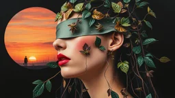 Abstract art, collage, Thomas Ligotti, mannequin world, in space they can't hear you scream, Dave McKean, inspired by Zdzislaw Beksinski's nightmarish paintings, Wassily Kandinsky, double exposure, sunset, gnostic tragedy, sinister, woman, long hair made of shiny texture, blush, blindfolded, Vine design, Surreal, Futuristic, Black open background, Peach skin, Leafy textures, Shiny plastic, Organic aesthetics, Rose red hue, green leaves, alien design, mutant structure, red mouth, bizarre aestheti