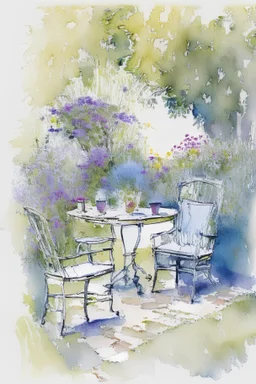 abstract watercolour english cottage garden with table and 2 chairs in the style of jean haines, centred