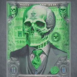 a head and shoulders portrait of a skeleton dressed in a three-piece suit as the president of the united states, based on us currency, united states one dollar bill, shades of green, line ink green drawing, real-life, colors match the united states one dollar bill, realistic, robotic,