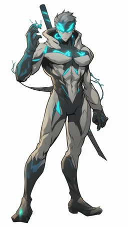 Mix between genji and venom symbiote in solo leveling shadow style with neon glowing blue