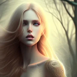 Female, long blond hair, make up, high lights, rusted, diffuse lighting,polished, intricate,highly detailed, illustration, clouds, foggy scene bordered with leaves