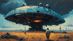 Science fiction oil painting, Denis Sarazhin, Hipgnosis, Alex Andreev, Simon Stalenhag, ominous sky, cross processing print