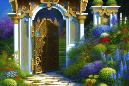 intricate ornate gate, garden, path, flowers, fine detail, acrylic paint, Synchromism,