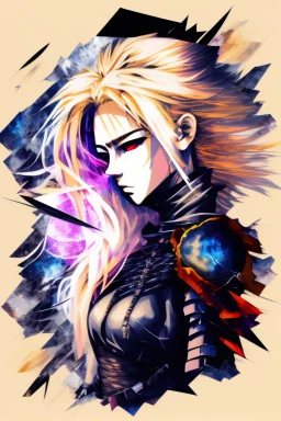 Explosive abstract collage style image of a beautiful anime warrior girl, beautiful blond hair and features, dramatic, pieces of cloth material, textured moon in background, bob wire, gothic surroundings, textures