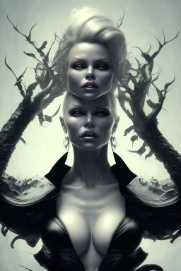 Pamela Anderson as evil queen in black leather, leather, busty, cleavage, angry, stern look. character design by cory loftis, fenghua zhong, ryohei hase, ismail inceoglu and ruan jia. unreal engine 5, artistic lighting, highly detailed, photorealistic, fantasy