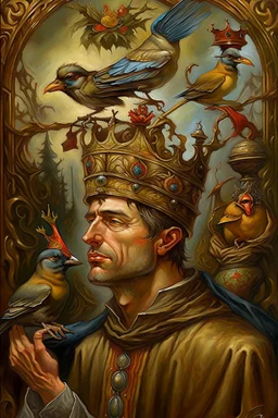 painting of a skinny surreal medieval man with a crown and birds on his head, heather theurer, an overweight, a beautiful artwork illustration, bitter, bells, carson ellis, catholic religious art, caretaker, nun, around a neck, daniel lezama painting style, dunce, whimsy, mark brown, monk