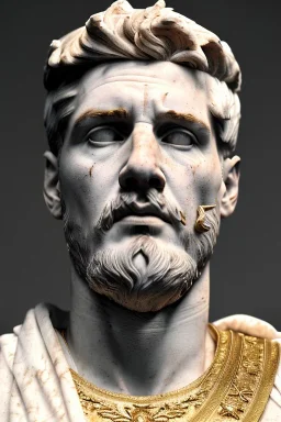 Realistic image, Roman sculpture made in white marble with gold veins, Lionel messi with gold laurel leaves crown, two blue brushes, decorative star on the chest, waist up portrait, marble material, gold ornaments, Baroque style, sun rays background, epic, celestial, cinematic lighting, God lights, 4k resolution, smooth details, soft lighting, unreal engine 5, art station, substance 3d.