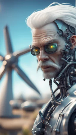 portrait of slimy exotic alien robot pirate janitor with twisted shiny white hair operating futuristic wind turbine,bokeh like f/0.8, tilt-shift lens 8k, high detail, smooth render, down-light, unreal engine, prize winning