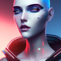 beautiful pale cyberpunk female with heavy black eyeliner, blue eyes, shaved side haircut, hyper detail, cinematic lighting, magic neon, dark red city background