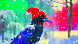 Create a captivating image featuring a crow adorned with a Christmas hat amidst a snowy landscape. Capture the essence of the winter scene, with the crow standing out against the white backdrop. Emphasize the festive mood by ensuring the Christmas hat is prominently showcased on the crow. Craft a visually enchanting composition that conveys the unique and whimsical combination of the crow in a snowy setting with a touch of holiday cheer.