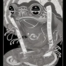 Ukiyo-e styled art, black and white frog