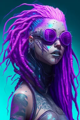 entire body mermaid cyberpunk some fish scales on face pink and indigo hair dreadlock sunglasses