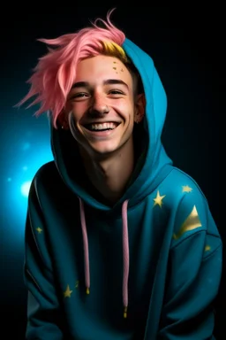 An androgynous young man with tousled pink hair and golden eyes floating among the stars wearing a light blue hoodie and black board shorts. He is smiling softly and holding a star in one hand.
