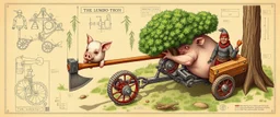 put a fucking tree crying pull oink the picture ok? we see nasty pig in action chopping down trees with the lumbotron, isometric blueprint of hi tech metal gear Gnome invention, winning prize at gnome convention, The Lumb-O-Tron A jury-rigged combination of a cart, pulley system, and an axe designed to chop down trees. The motion is powered by {a yoga pig in a wheel treadmill spurred by a carrot on a stick | a crude stationary bicycle | a tiny steam engine heated by a red pseudodragon