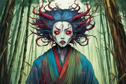 full color front facing full body portrait of a jorogumo possessed woman with highly detailed hair and slim, narrow facial features, trekking through haunted mountain bamboo forest, pierced by shafts of early evening light , danger lurks everywhere but she is undeterred and resolute in her purpose, art in the style of Alex Pardee, spirited away, studio ghibli, , 8k , finely detailed and precise line work, soft gauzy pastel colors