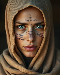 Dune Movie. fullbody woman deep blue eyes wearing a robe or cloth that covers her head and upper body. The cloth appears rough and has a texture similar to coarse woven cloth. The color of the cloth is light brown or cream with a pattern that is not very clear. The woman's face is tattooed with ancient messianic text script verses.