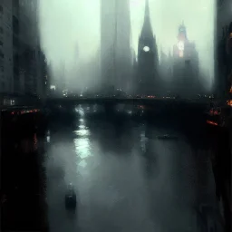 River, Gotham city, Neogothic architecture by Jeremy mann, point perspective,