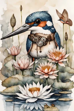hand-drawn watercolor painting of many different types of steampunk flowers and waterlilies, growing in a little pond, with a kingfisher sitting on a branch, holding a little fish in his beak, with a splash of mixed colors on a white background, sharp detail