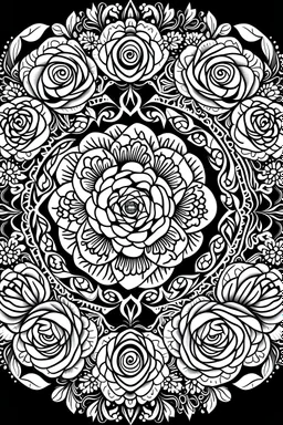 Create a black and white image of roses and tulips with a white mandala design covering the entire background. This image is intended to be colored in by an adult, so use the colors black and white accordingly