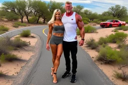 make a pic with short hair bodybuilder Knut Spildrejorde from Norway and his fitness wife Jeanette, they are standing front of his new red car Chevrolet Camaro, very busy highway in sunny desert Texas in the background