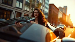 Create an ultra-realistic cinematic 8K fullbody of lady mode skin texture, add makeup,pretty boots,curvy long hair. Style: fashion editorial, confident is driving a roofles lamborgini in streets of a modern city. Lighting: warm golden hour sunlight, soft rim light. Camera look: shallow depth of field, film grain, cinematic color grade. Outfit: keep similar to the original or elevate slightly with premium casual style.