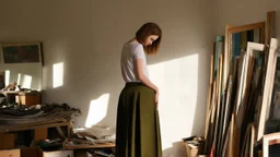 A young woman, light brown hair, mid-20s, except for a dark, muted olive-green, patterned skirt, stands in a cluttered artist's studio. She's positioned in a contemplative pose, slightly turned, gazing downward, and holding her skirt. The lighting is subdued, focused on the figure, creating shadows and emphasizing texture. The room is crowded with numerous framed paintings, mirrors reflecting the studio and its surroundings, and various paraphernalia suggesting an artist's workspace. T