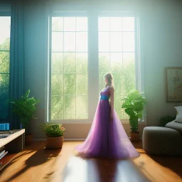 photograph of a woman, standing in a modern living room with large windows, stunning environment, ultra realistic, concept art, elegant, ((intricate)), ((highly detailed)), depth of field, (((professionally color graded))), 8k, 85mm, f/1.8, art by artgerm and greg rutkowski and alphonse mucha