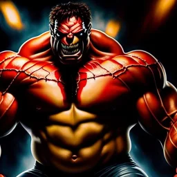 Ultra detailed fullbody Portrait in oil on canvas of Venom merges with REd Hulk with armor,intense stare,extremely detailed digital painting, extremely detailed face,crystal clear Big eyes, mystical colors ,perfectly centered image, perfect composition, rim light, beautiful lighting,masterpiece,8k, stunning scene, raytracing, anatomically correct, in the style of robert e howard and Ken Kelley and Ohrai Noriyoshi and Simon Bisley and tomzj1