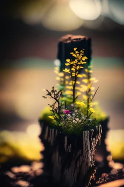 black westphalia stump with a bokeh frame of wild flowers and green leaves (((scale model photography))) westphalia in double exposure ((((low iso, double exposure, )) in sunshine