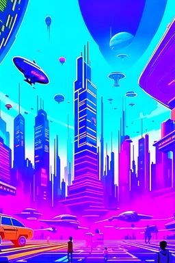 a futeristic city with flying cars and humans walking on air and lifts magicaly going up and down and neon shining skyscrapers