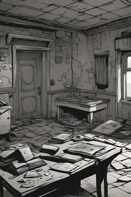 Eerie cartoon-style abandoned room, highly detailed