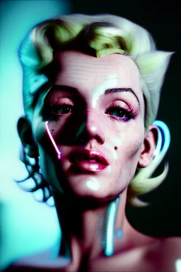 Ultra Realistic image, portrait, blonde woman, sweet Marylin Monroe face, perfect iris, glow eyes, makeup. Cyberpunk style, oversized transparent latex coat, yakuza tattoos.fog, rain, soft color, highly detailed, unreal engine 5, ray tracing, RTX, lumen lighting, ultra detail, volumetric lighting, 3d, finely drawn, high definition, high resolution.