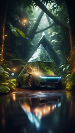 a car shaped like a bucket tetrahedron without a top in dark lit reflective wet jungle metallic hall dome hotel tunnel, in the style of a game,bokeh like f/0.8, tilt-shift lens 8k, high detail, smooth render, down-light, unreal engine, prize winning