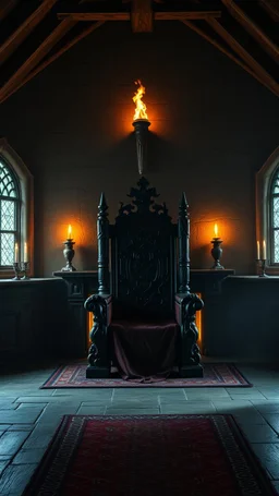 Create an image of a throne in an old house with a fireplace and strange runes in side a temple with dim light of fire torch on the wall in the background