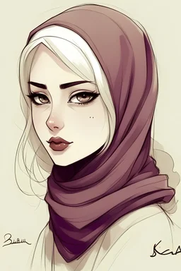A simple drawing, a girl, blonde, wearing a hijab, signed with the name Bella, wine colours